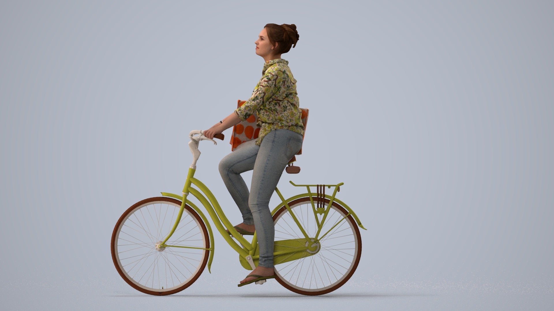 realistic 3D people woman casual cycling, render-ready for V-Ray and Corona, FBX OBJ, three-quarter view render