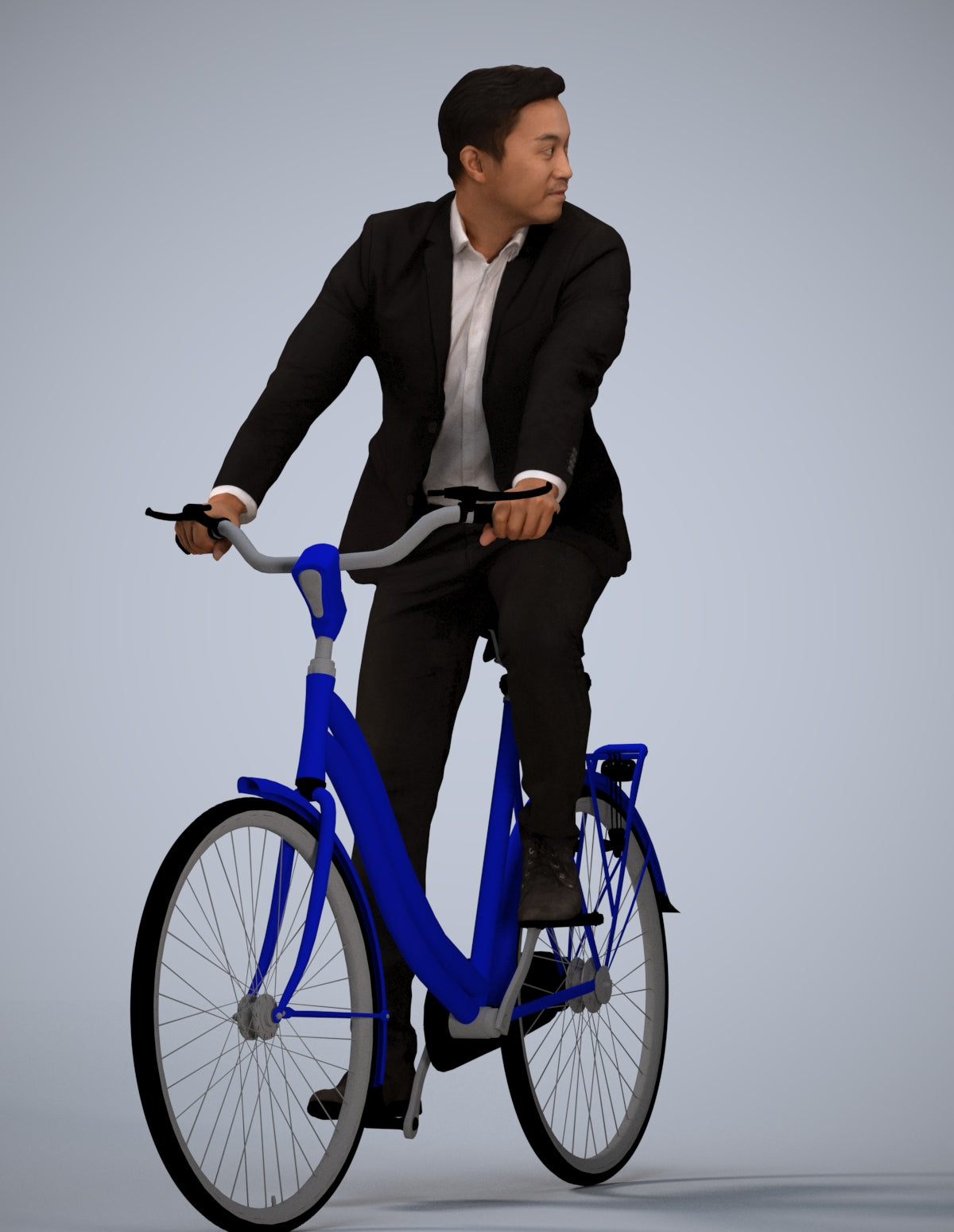 3D human model man business cycling, photogrammetry scanned person for archviz