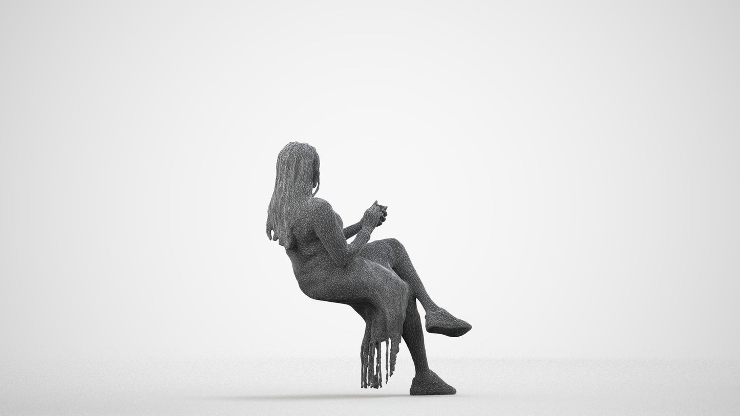 realistic 3D human woman casual sitting, archviz people FBX OBJ for Blender, wireframe side view