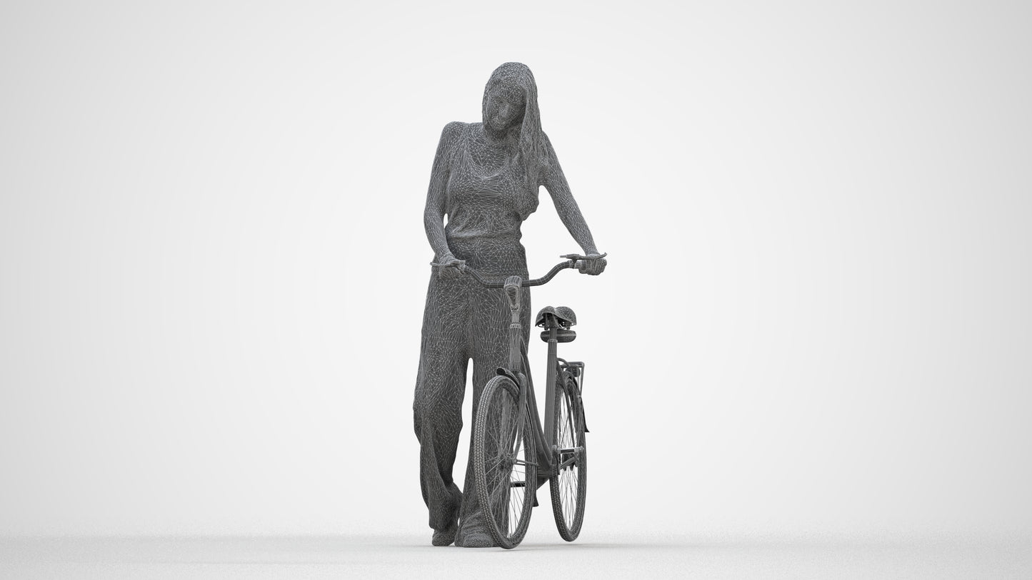realistic 3D people woman casual cycling, render-ready for V-Ray and Corona, FBX OBJ, wireframe back view