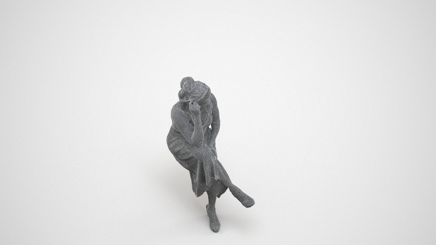 3D people model woman casual sitting, scanned human for 3ds Max rendering, wireframe three-quarter view