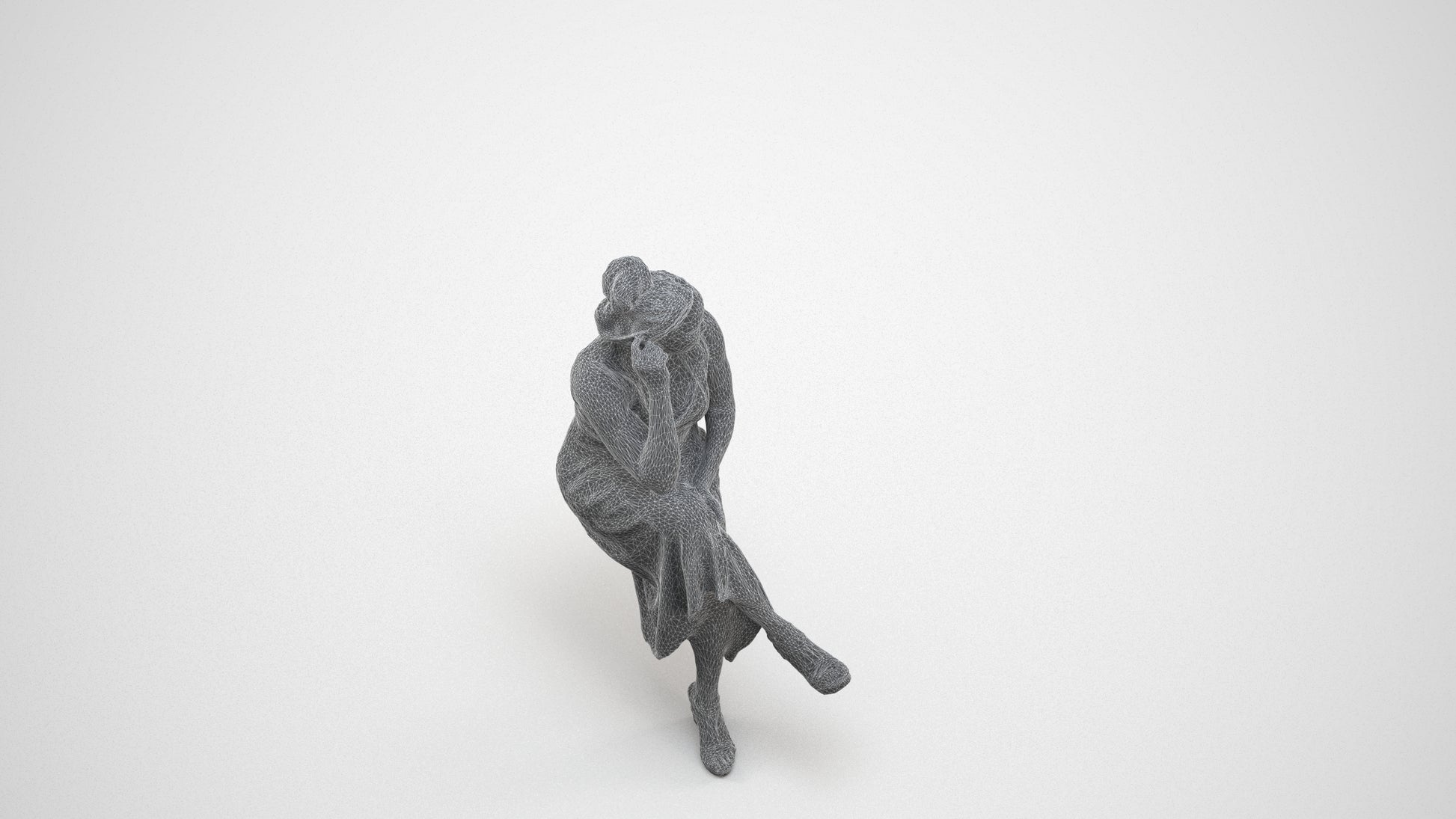 3D people model woman casual sitting, scanned human for 3ds Max rendering, wireframe three-quarter view