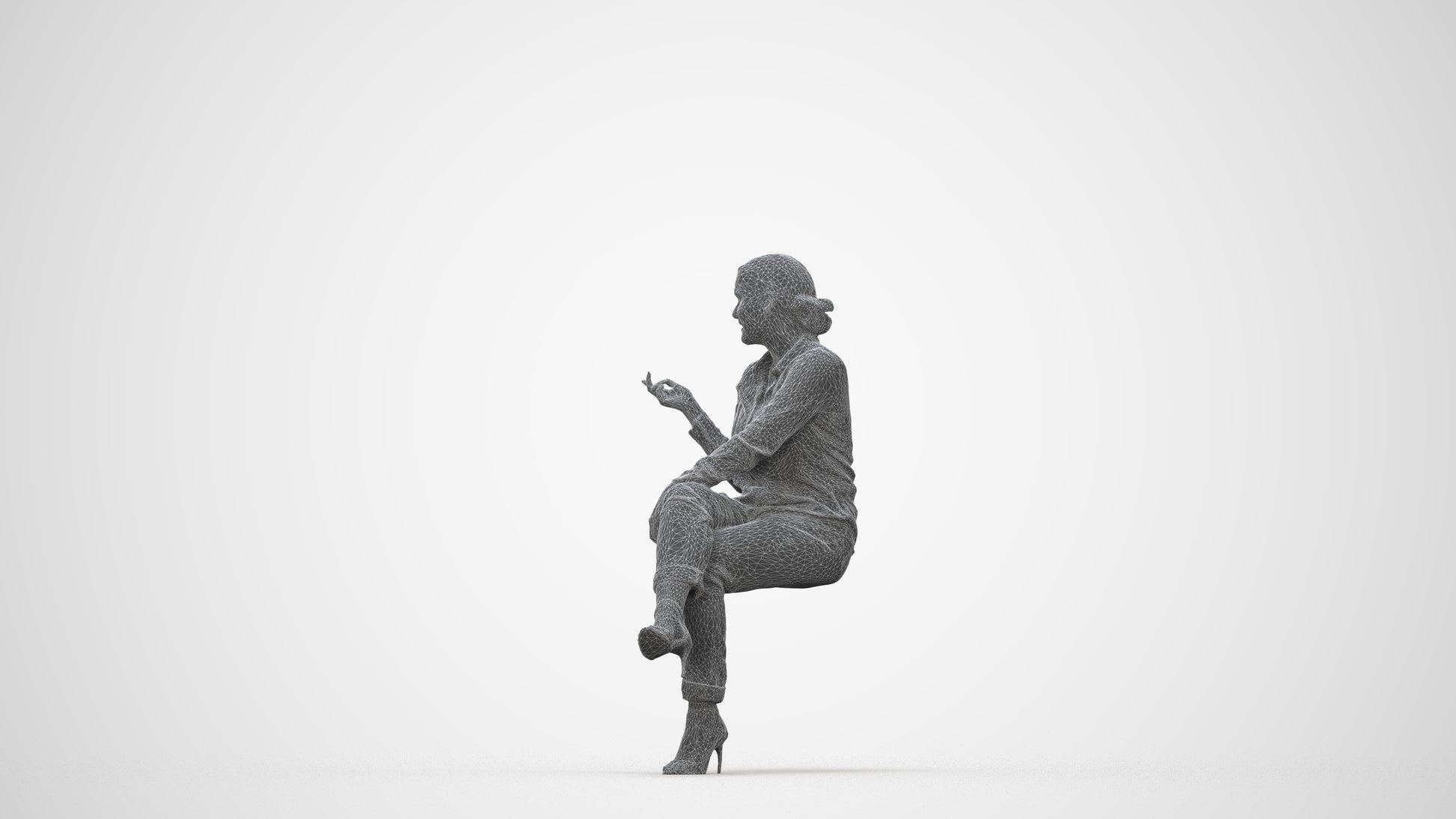 3D people model woman casual sitting, scanned human for 3ds Max rendering, wireframe back view