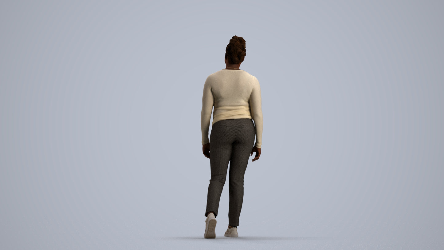 3D scanned woman walking casual, photorealistic archviz people for Enscape and SketchUp, front view render
