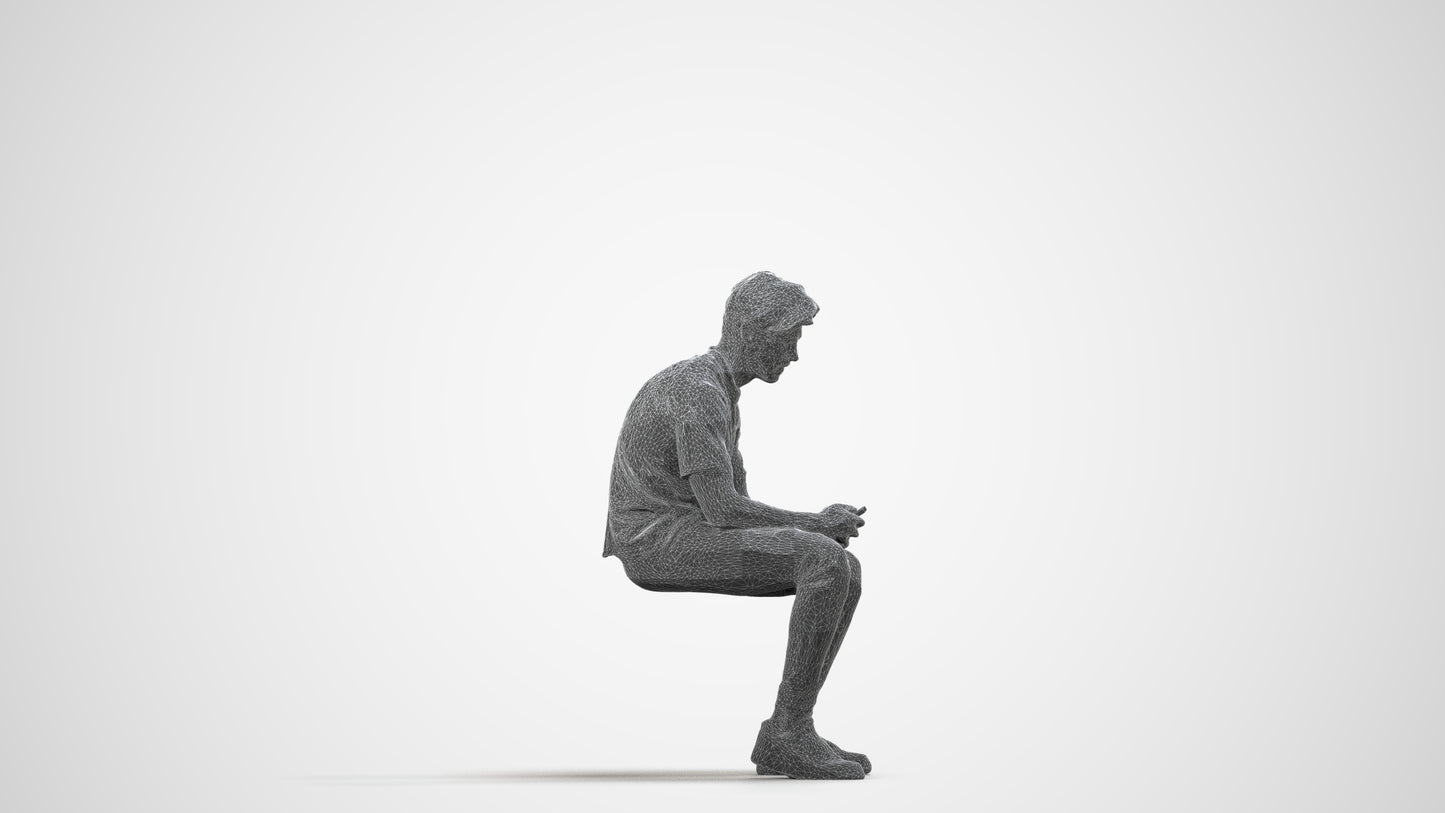 realistic 3D human man casual sitting, archviz people FBX OBJ for Blender, wireframe side view