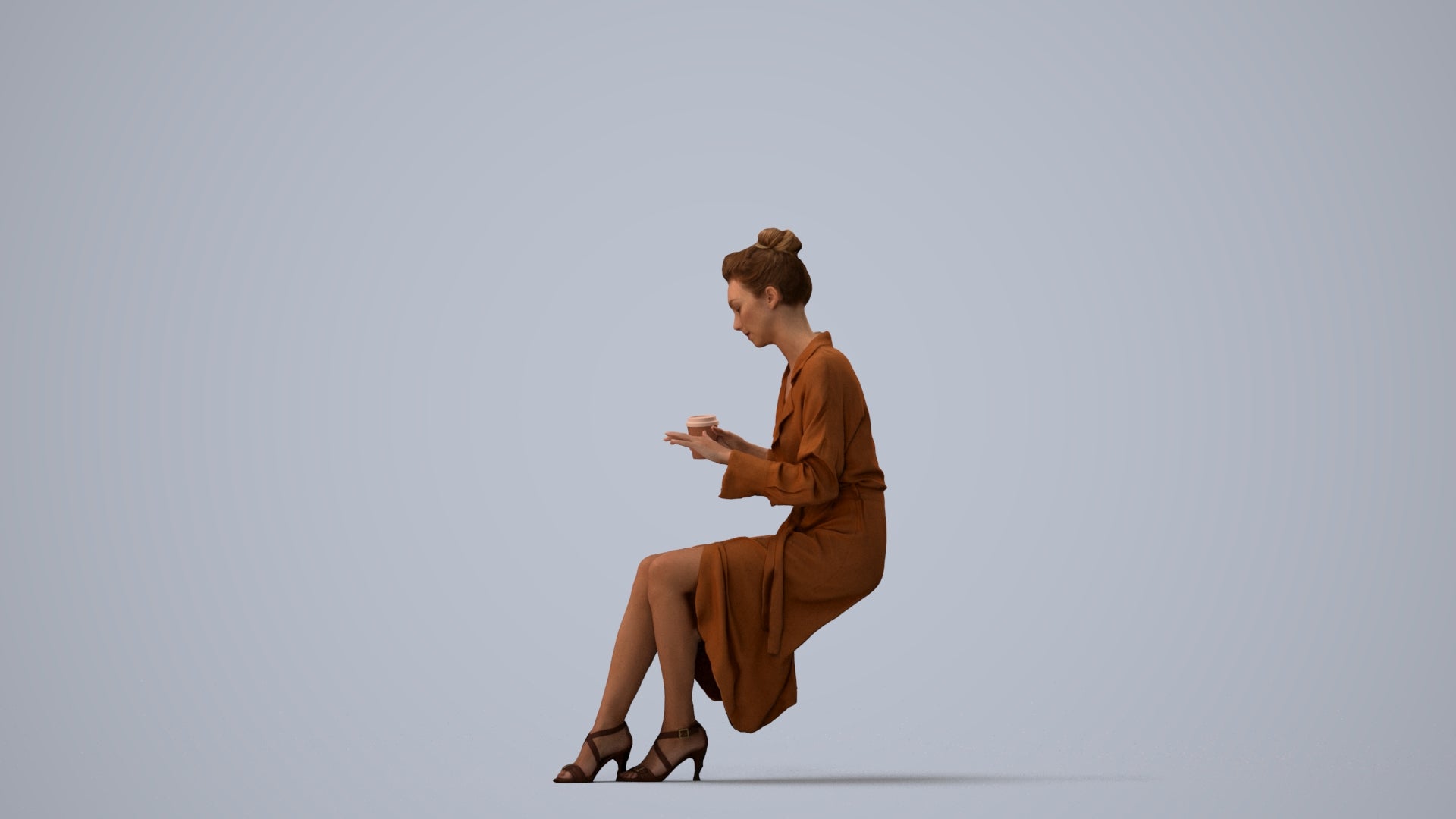 realistic 3D people woman casual sitting, render-ready for V-Ray and Corona, FBX OBJ, three-quarter view render