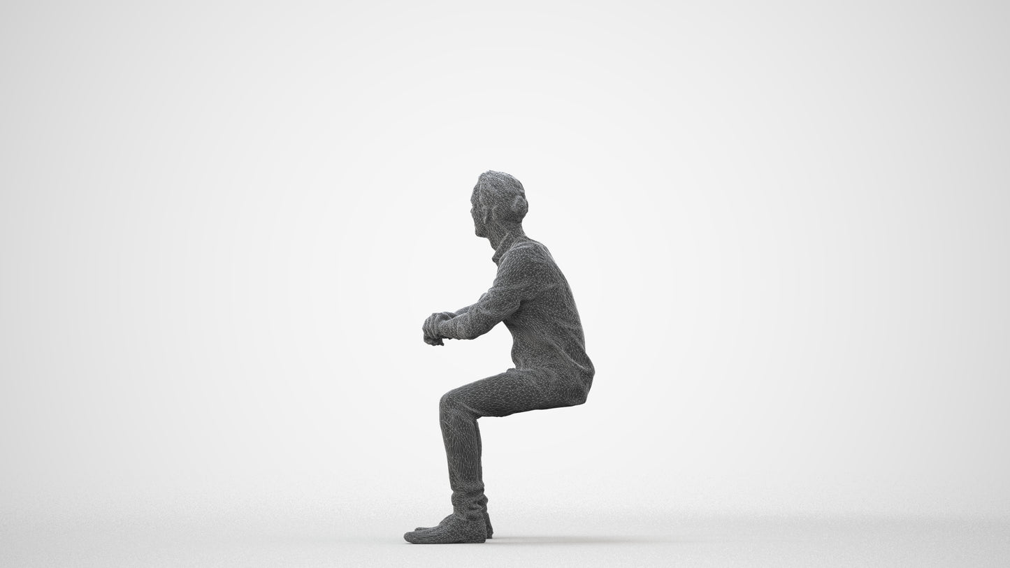 3D human model man casual sitting, photogrammetry scanned person for archviz, square thumbnail