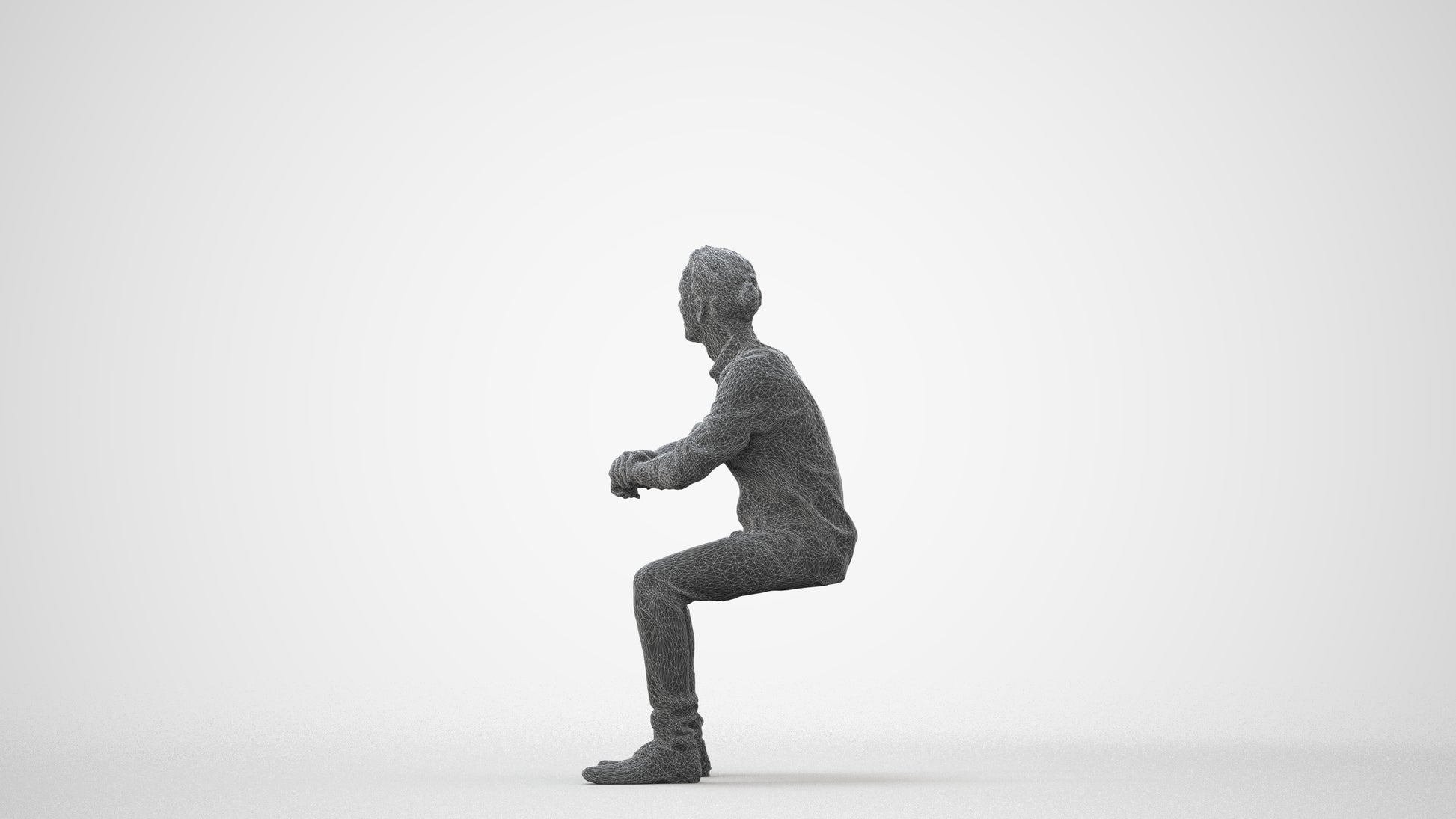 3D human model man casual sitting, photogrammetry scanned person for archviz, square thumbnail