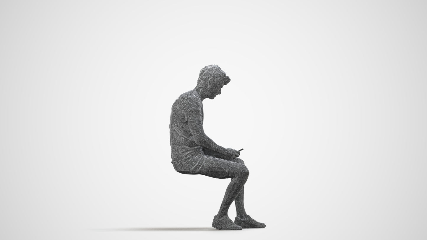 realistic 3D man casual sitting, scanned archviz people for Blender and 3ds Max, wireframe side view