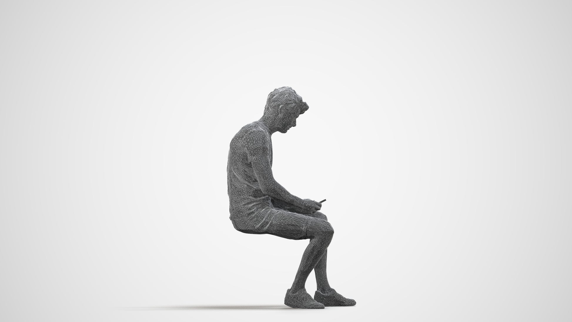 realistic 3D man casual sitting, scanned archviz people for Blender and 3ds Max, wireframe side view