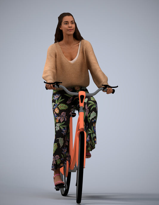 3D human model woman casual cycling, photogrammetry scanned person for archviz