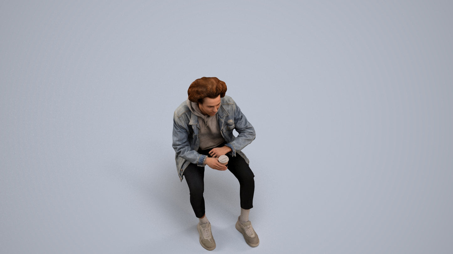 photogrammetry 3D man casual sitting, realistic human model archviz FBX, back view render