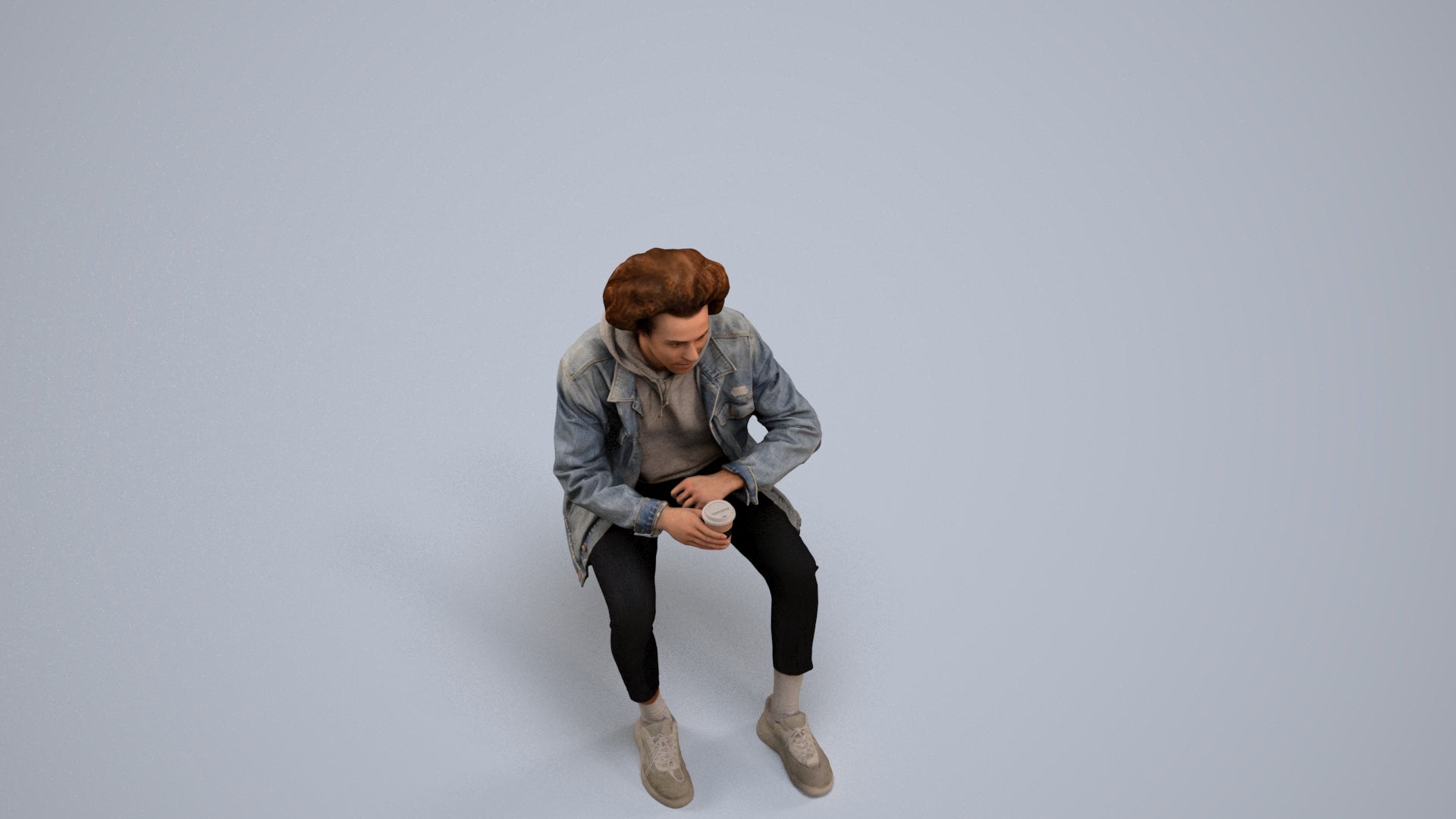 photogrammetry 3D man casual sitting, realistic human model archviz FBX, back view render