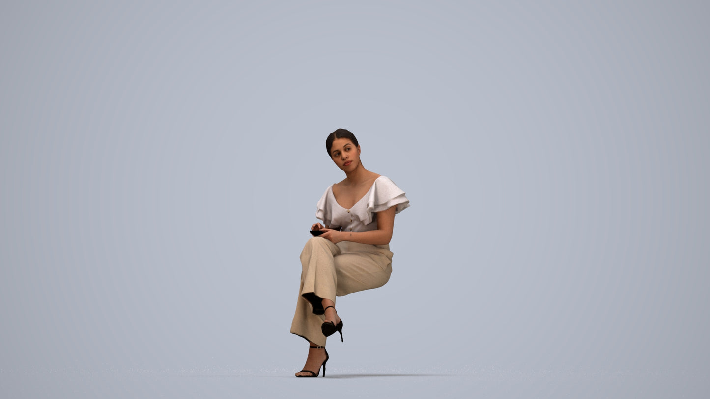 realistic 3D woman business sitting, scanned archviz people for Blender and 3ds Max, top-down view render