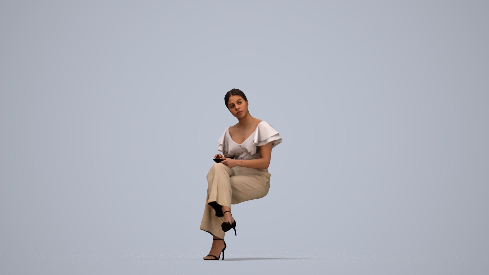 realistic 3D woman business sitting, scanned archviz people for Blender and 3ds Max, top-down view render