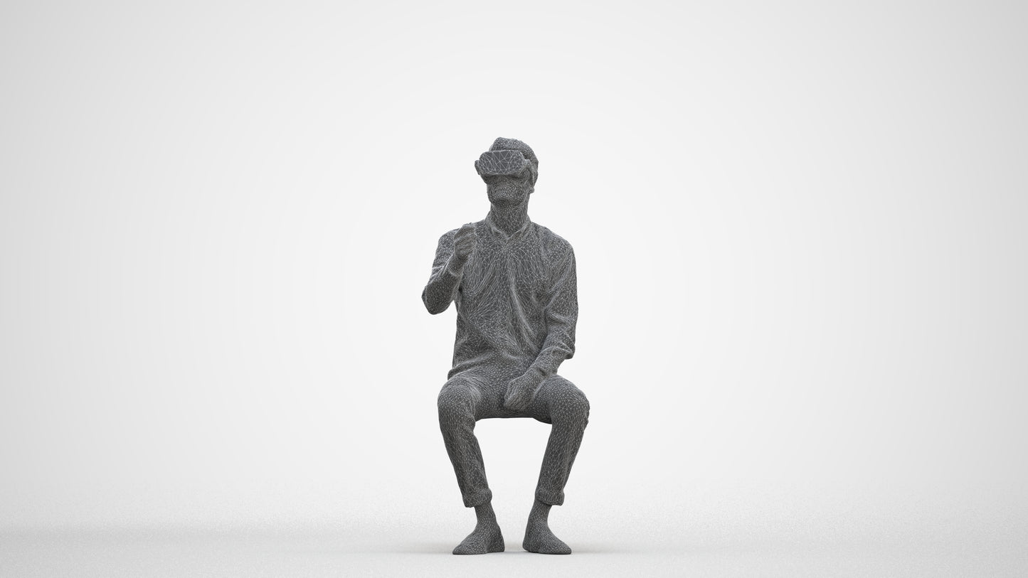 scanned 3D man casual sitting, photogrammetry people for Enscape and V-Ray, three-quarter front view render