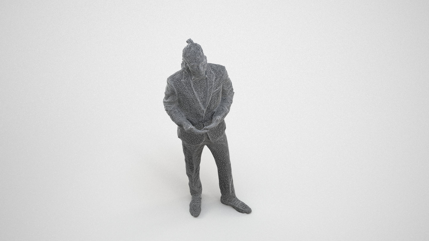 photogrammetry 3D man formal formalaffairs, realistic human model archviz FBX, wireframe three-quarter view