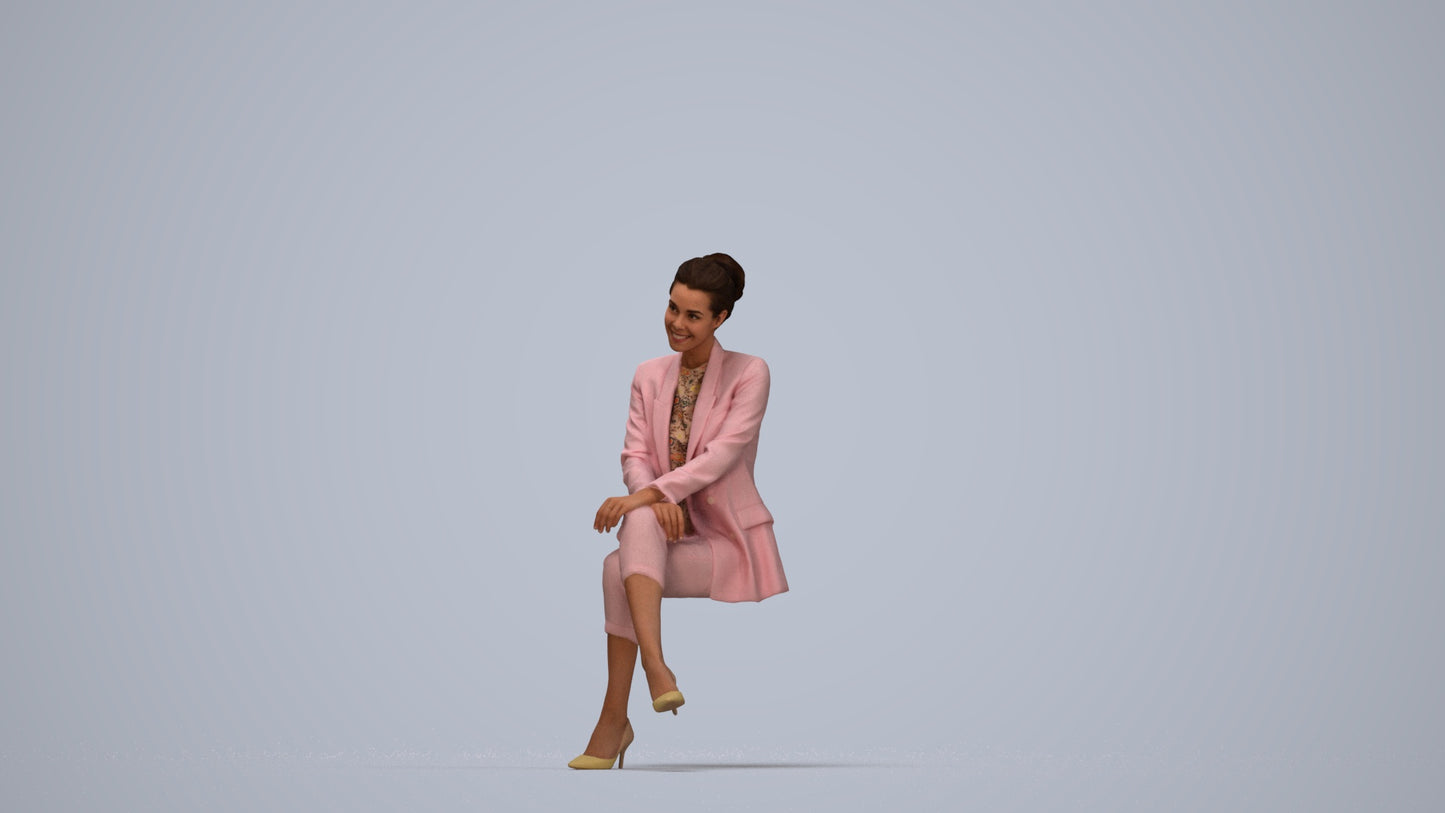 3D human model woman business sitting, photogrammetry scanned person for archviz, top-down view render