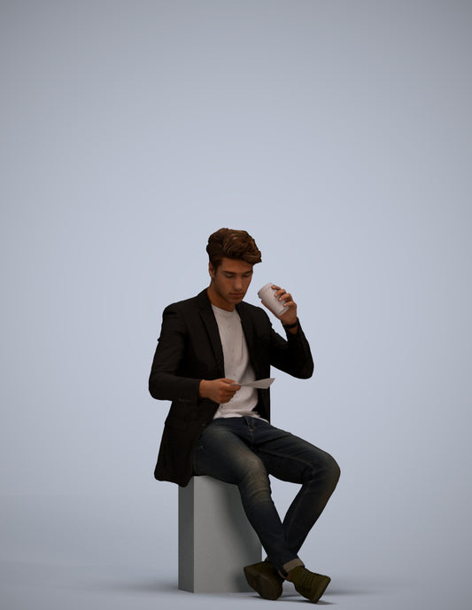 3D human model man casual sitting, photogrammetry scanned person for archviz