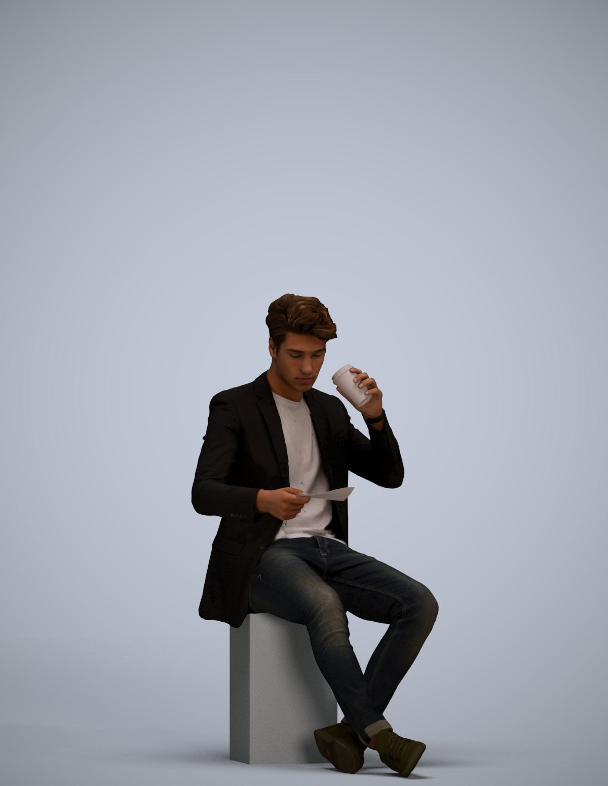 3D human model man casual sitting, photogrammetry scanned person for archviz