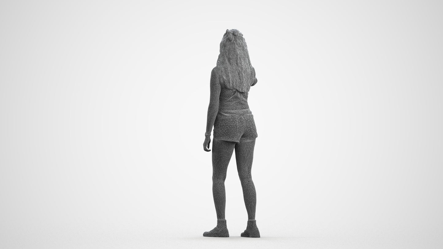 realistic 3D woman casual standing, scanned archviz people for Blender and 3ds Max, wireframe front view