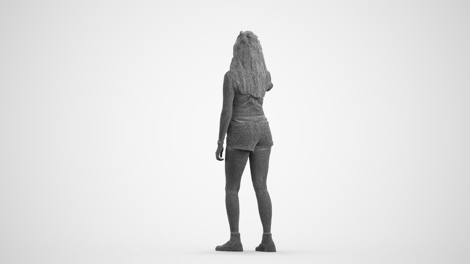 realistic 3D woman casual standing, scanned archviz people for Blender and 3ds Max, wireframe front view