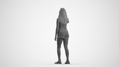 realistic 3D woman casual standing, scanned archviz people for Blender and 3ds Max, wireframe front view