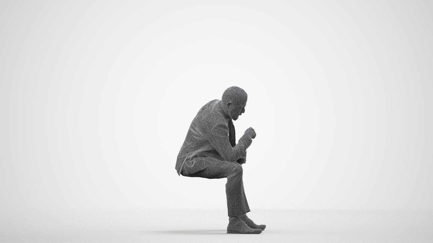 photogrammetry 3D senior man business, realistic human model archviz FBX, wireframe side view