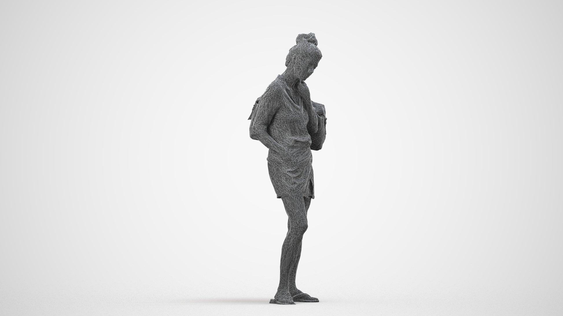 3D people model woman casual standing, scanned human for 3ds Max rendering, wireframe side view