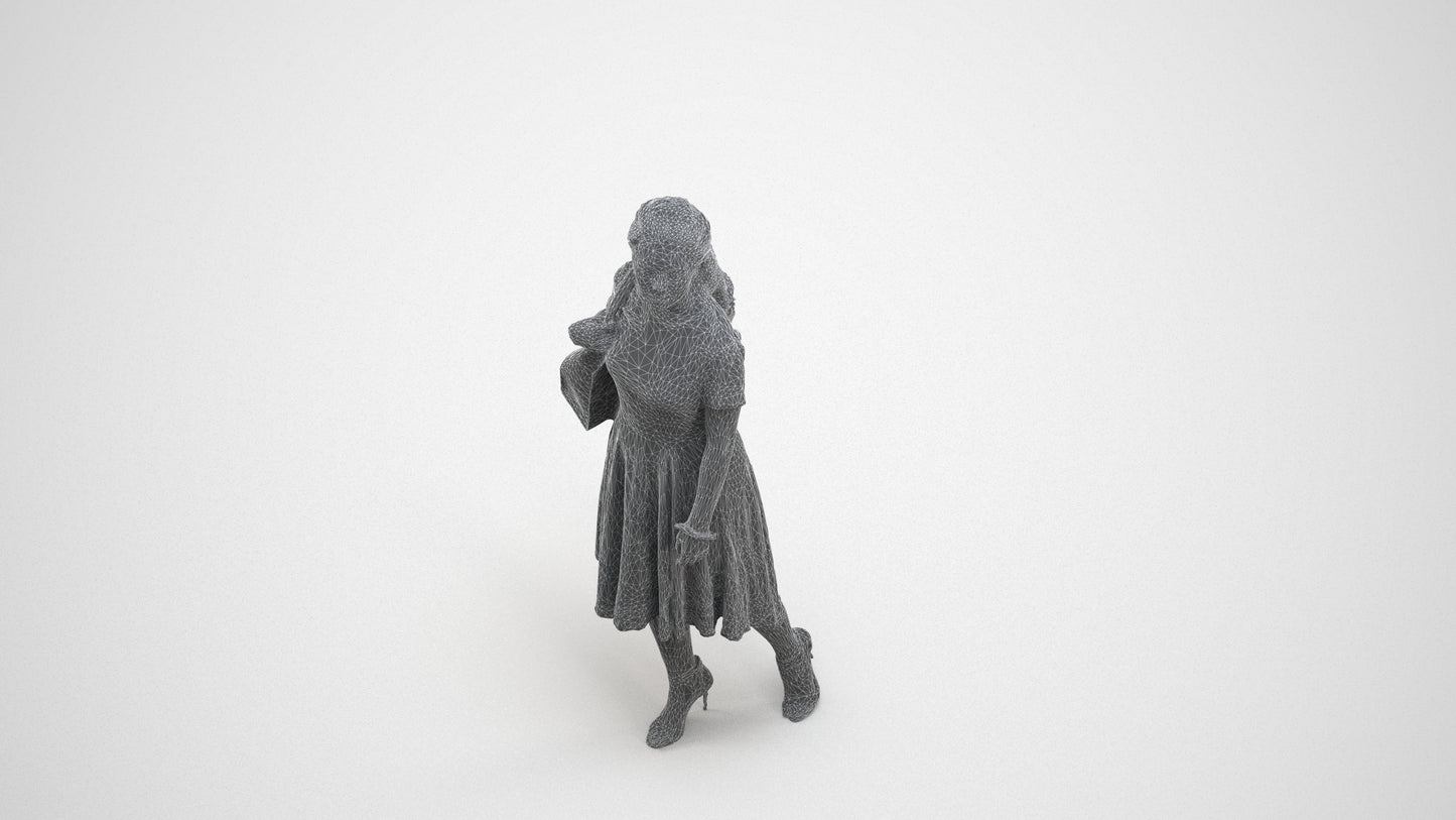 scanned 3D woman casual walking, photogrammetry people for Enscape and V-Ray, wireframe three-quarter view