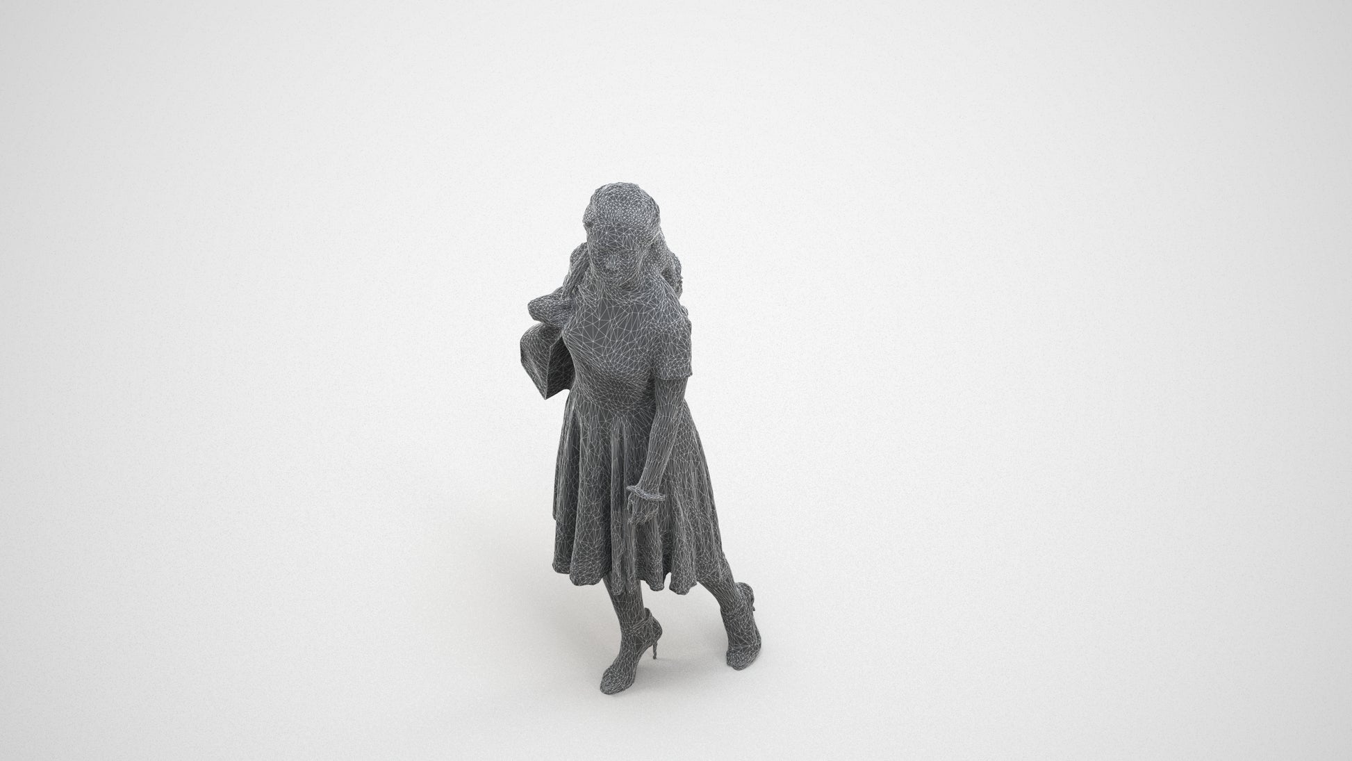 scanned 3D woman casual walking, photogrammetry people for Enscape and V-Ray, wireframe three-quarter view
