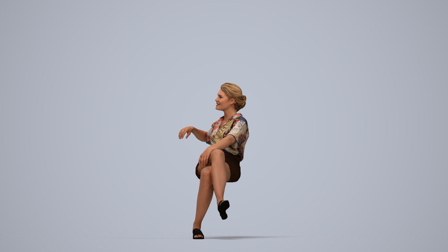 3D human model woman casual sitting, photogrammetry scanned person for archviz, top-down view render