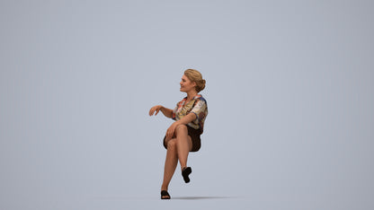3D human model woman casual sitting, photogrammetry scanned person for archviz, top-down view render