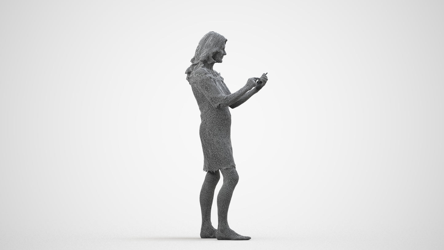 realistic 3D senior woman casual standing, scanned archviz people for Blender and 3ds Max, wireframe side view