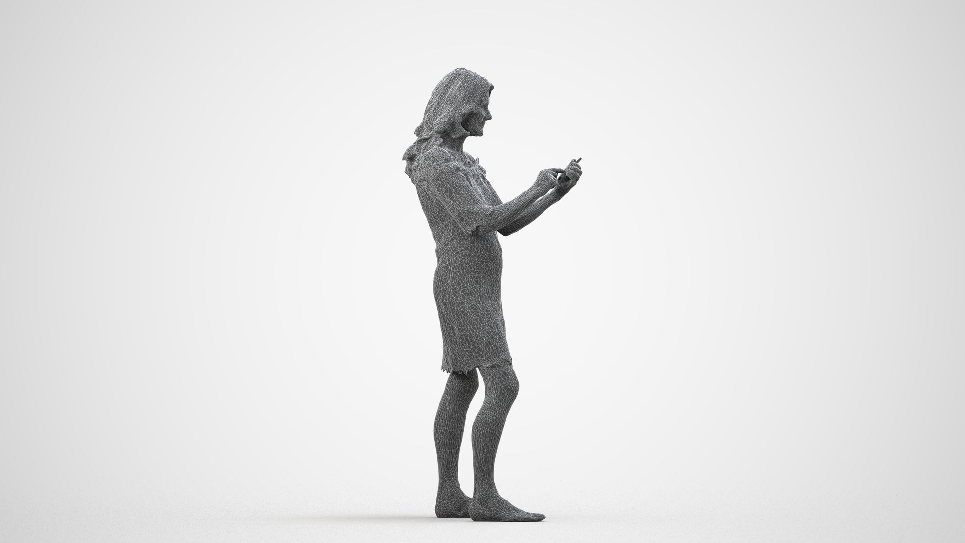 realistic 3D senior woman casual standing, scanned archviz people for Blender and 3ds Max, wireframe side view
