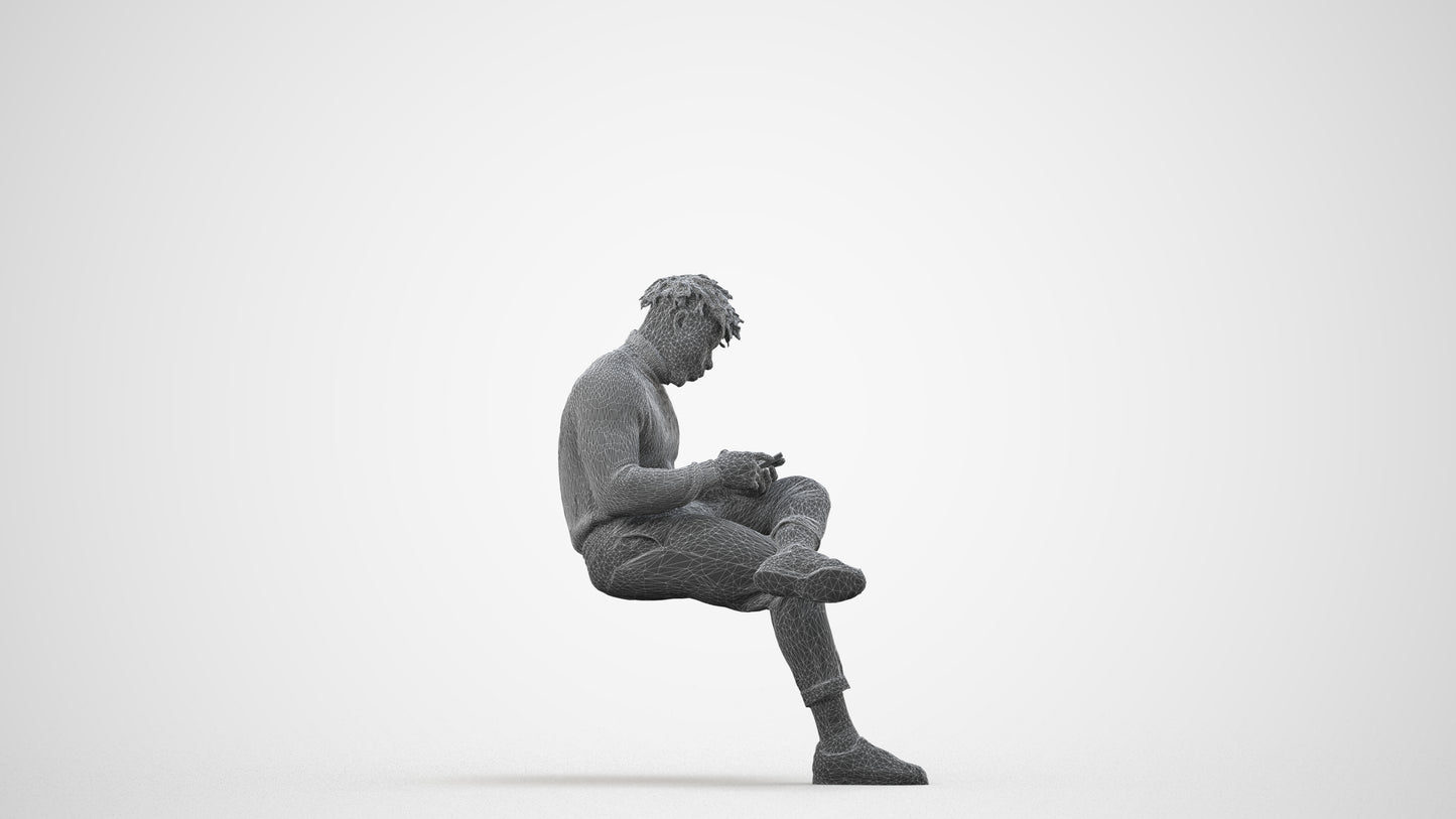 realistic 3D human man casual sitting, archviz people FBX OBJ for Blender, wireframe side view