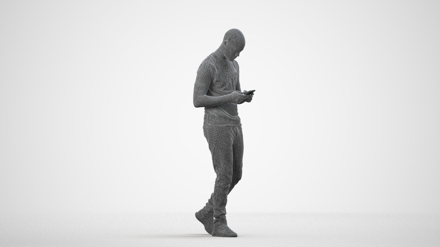 3D scanned man walking casual, photorealistic archviz people for Enscape and SketchUp, wireframe side view