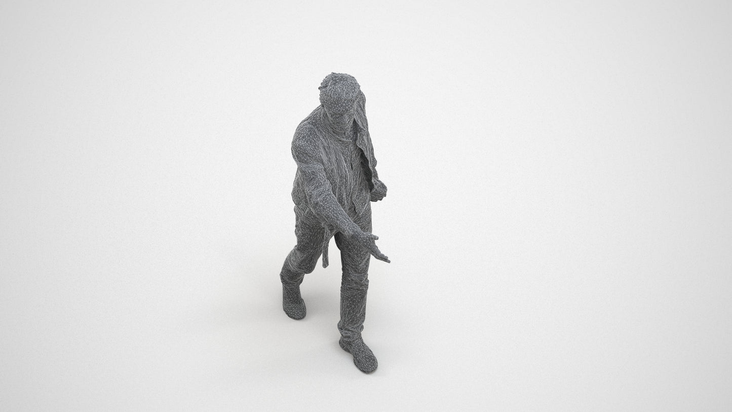3D human model man casual walking, photogrammetry scanned person for archviz, wireframe three-quarter view