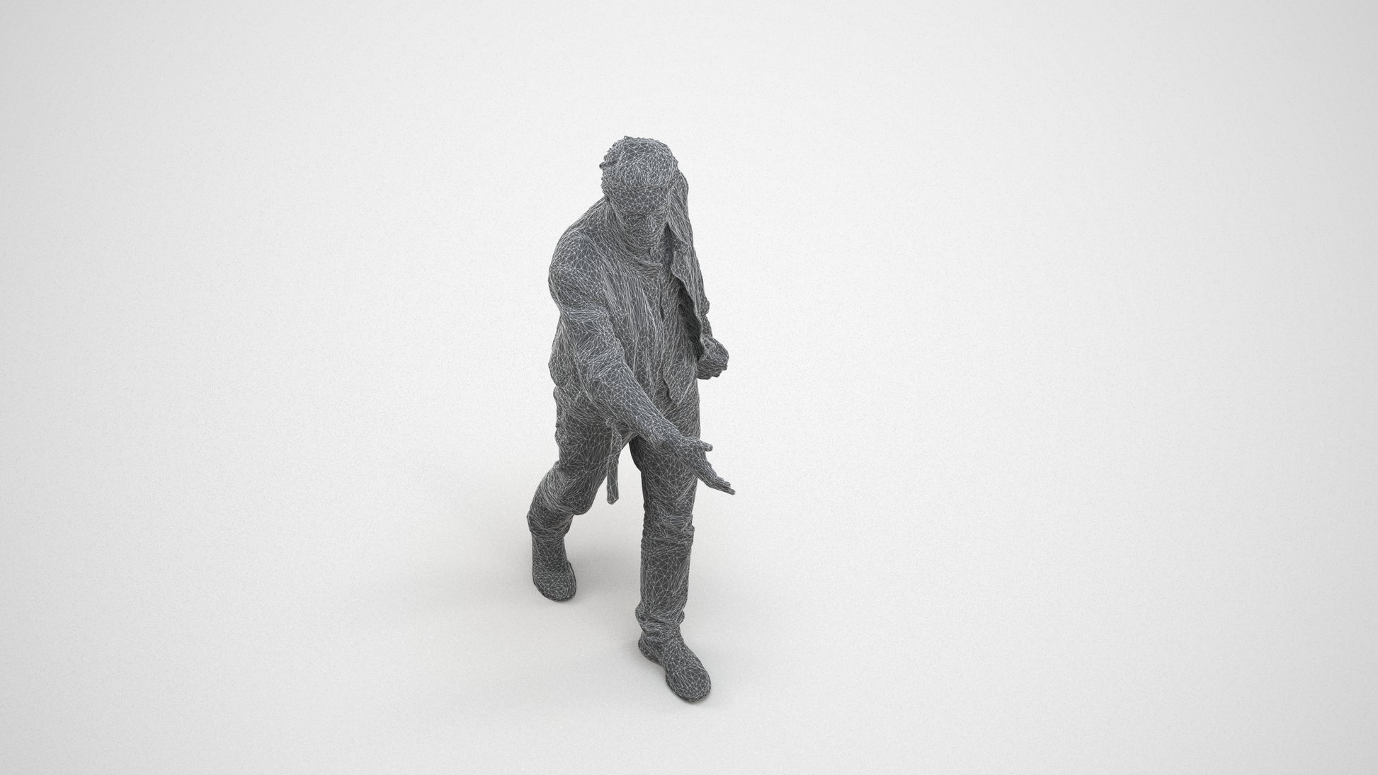3D human model man casual walking, photogrammetry scanned person for archviz, wireframe three-quarter view