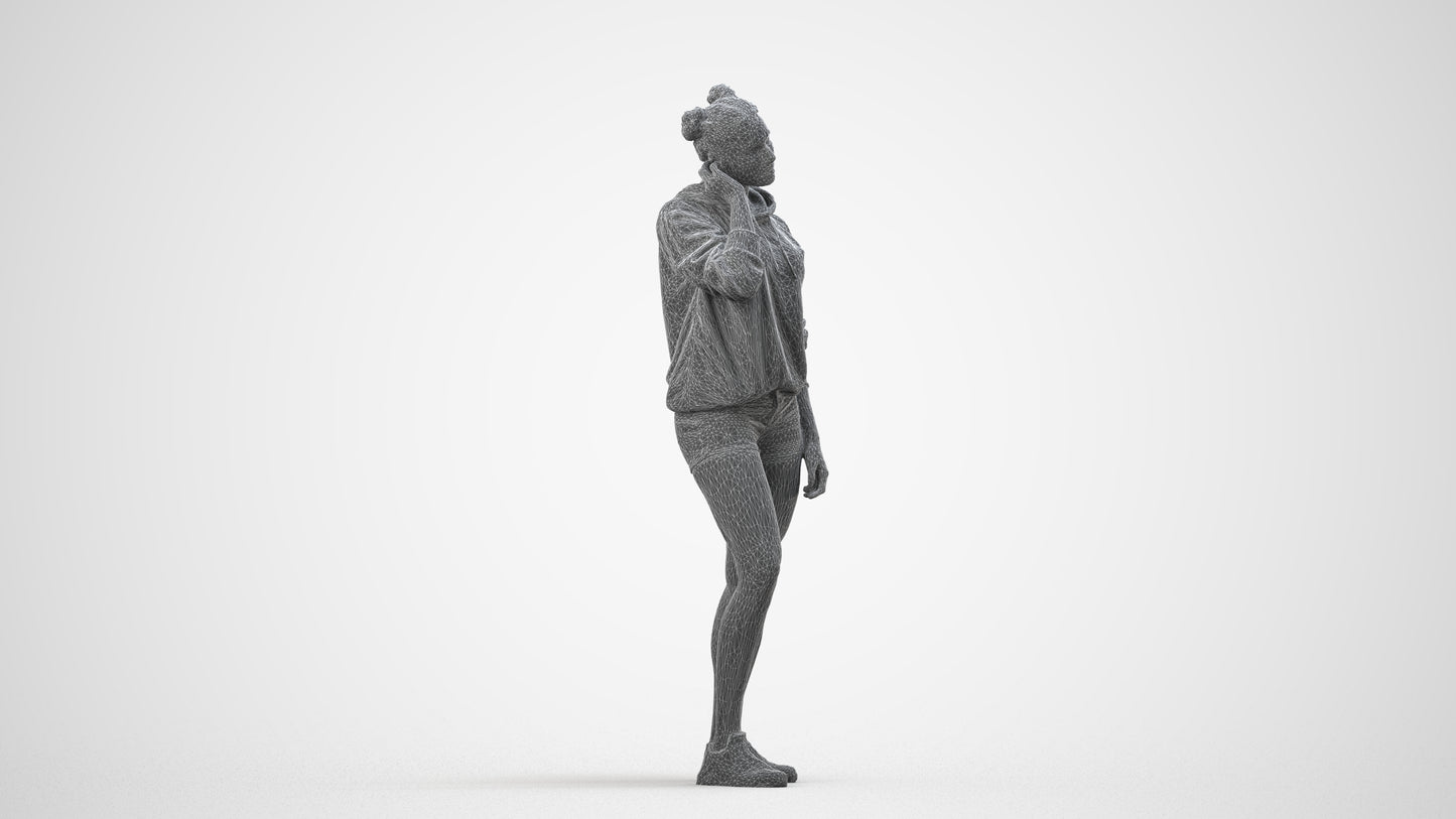 3D people model woman standing, scanned human for 3ds Max rendering, wireframe side view