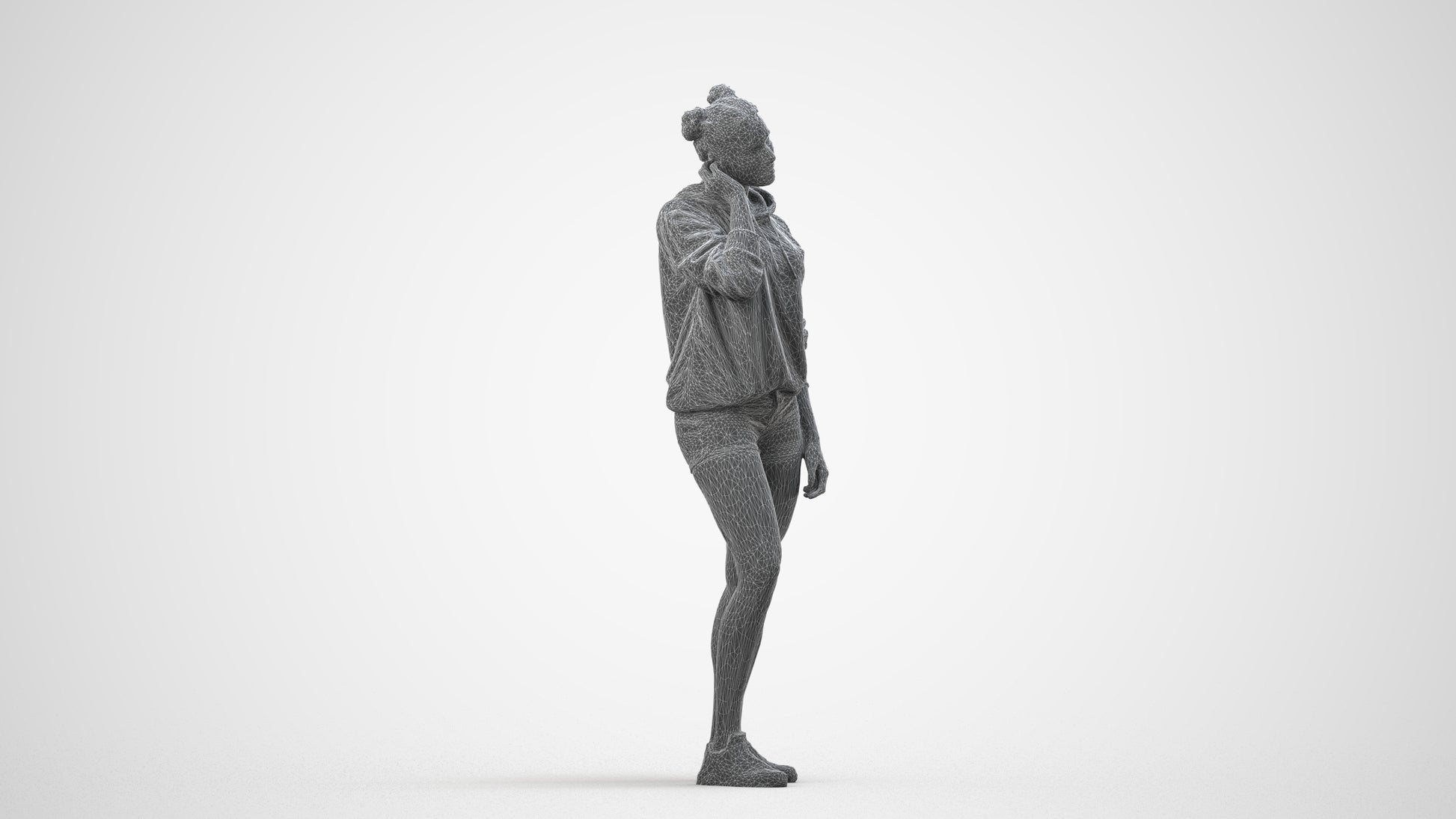 3D people model woman standing, scanned human for 3ds Max rendering, wireframe side view