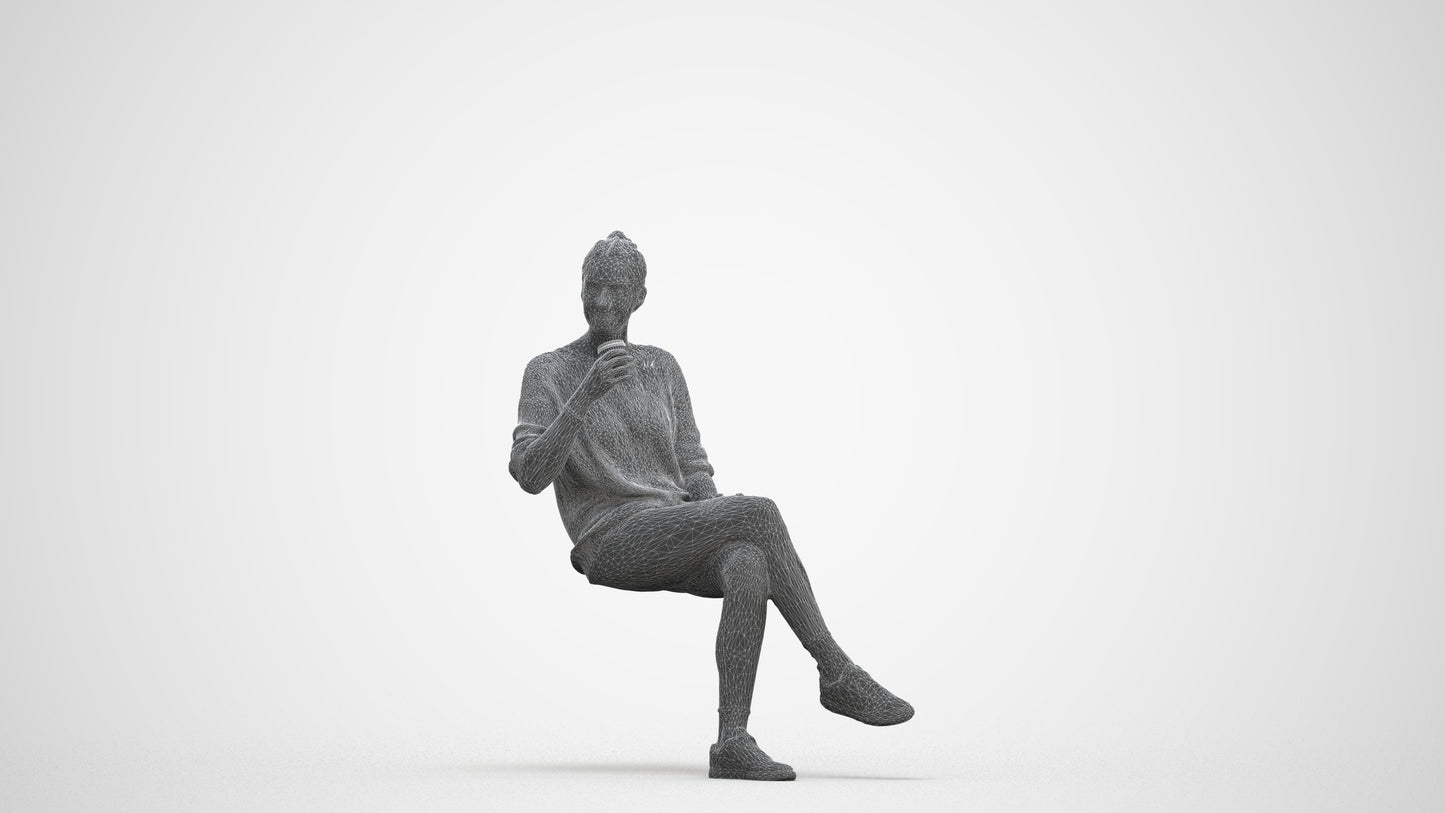 scanned 3D woman casual sitting, photogrammetry people for Enscape and V-Ray, three-quarter front view render