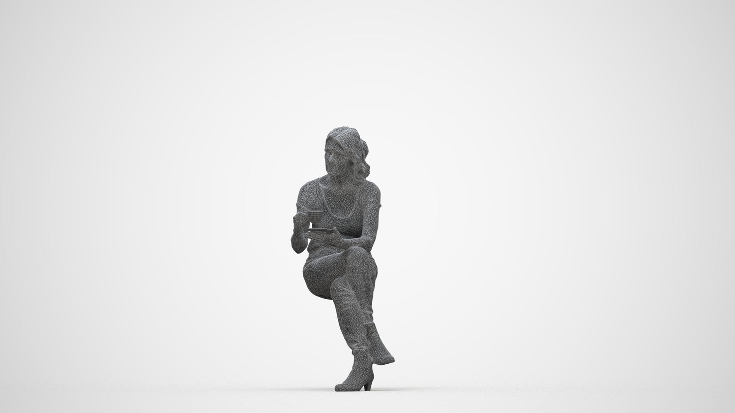3D scanned senior woman sitting casual, photorealistic archviz people for Enscape and SketchUp, wireframe back view