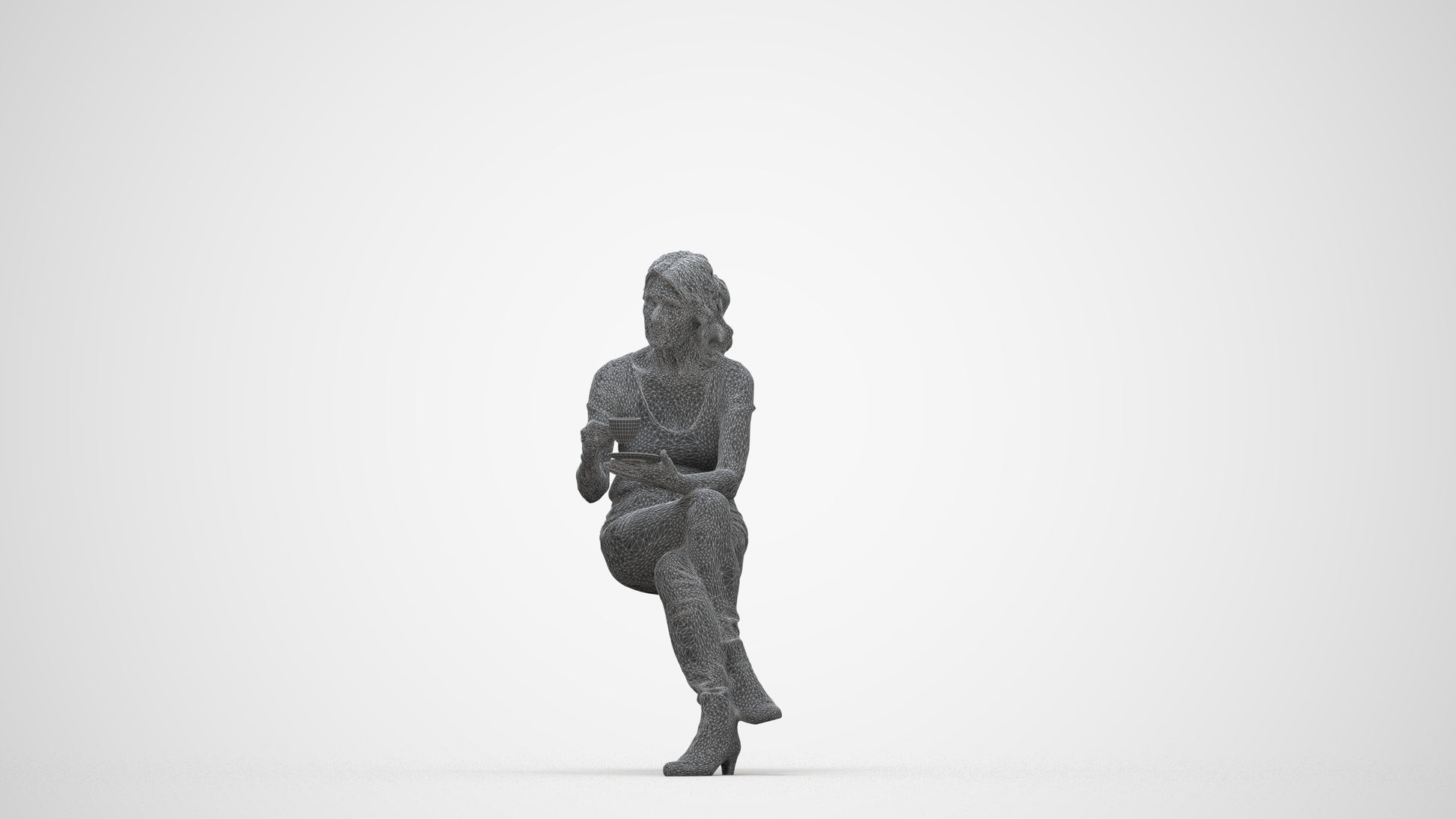 3D scanned senior woman sitting casual, photorealistic archviz people for Enscape and SketchUp, wireframe back view
