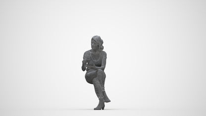 3D scanned senior woman sitting casual, photorealistic archviz people for Enscape and SketchUp, wireframe back view
