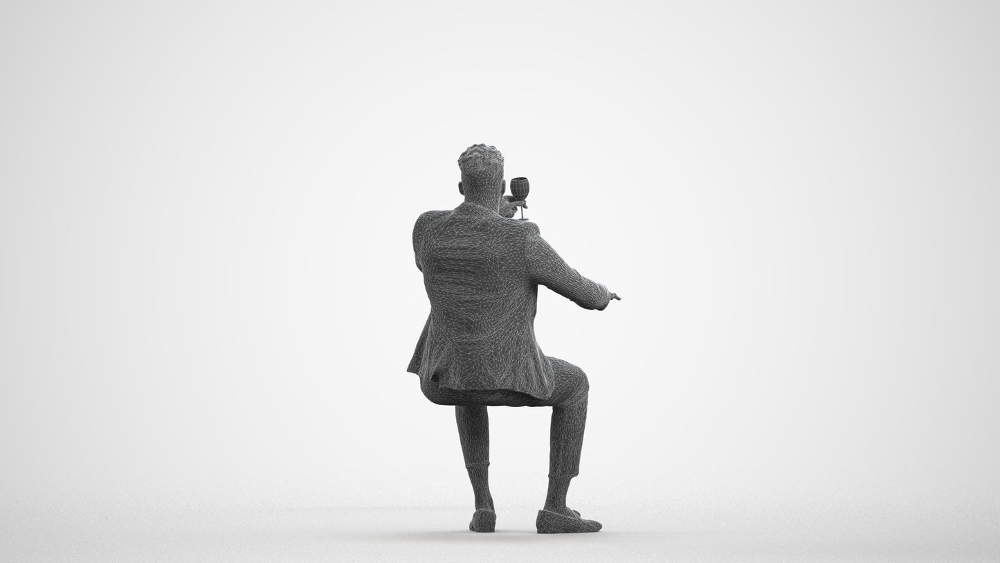 3D scanned man sitting formal, photorealistic archviz people for Enscape and SketchUp, wireframe front view