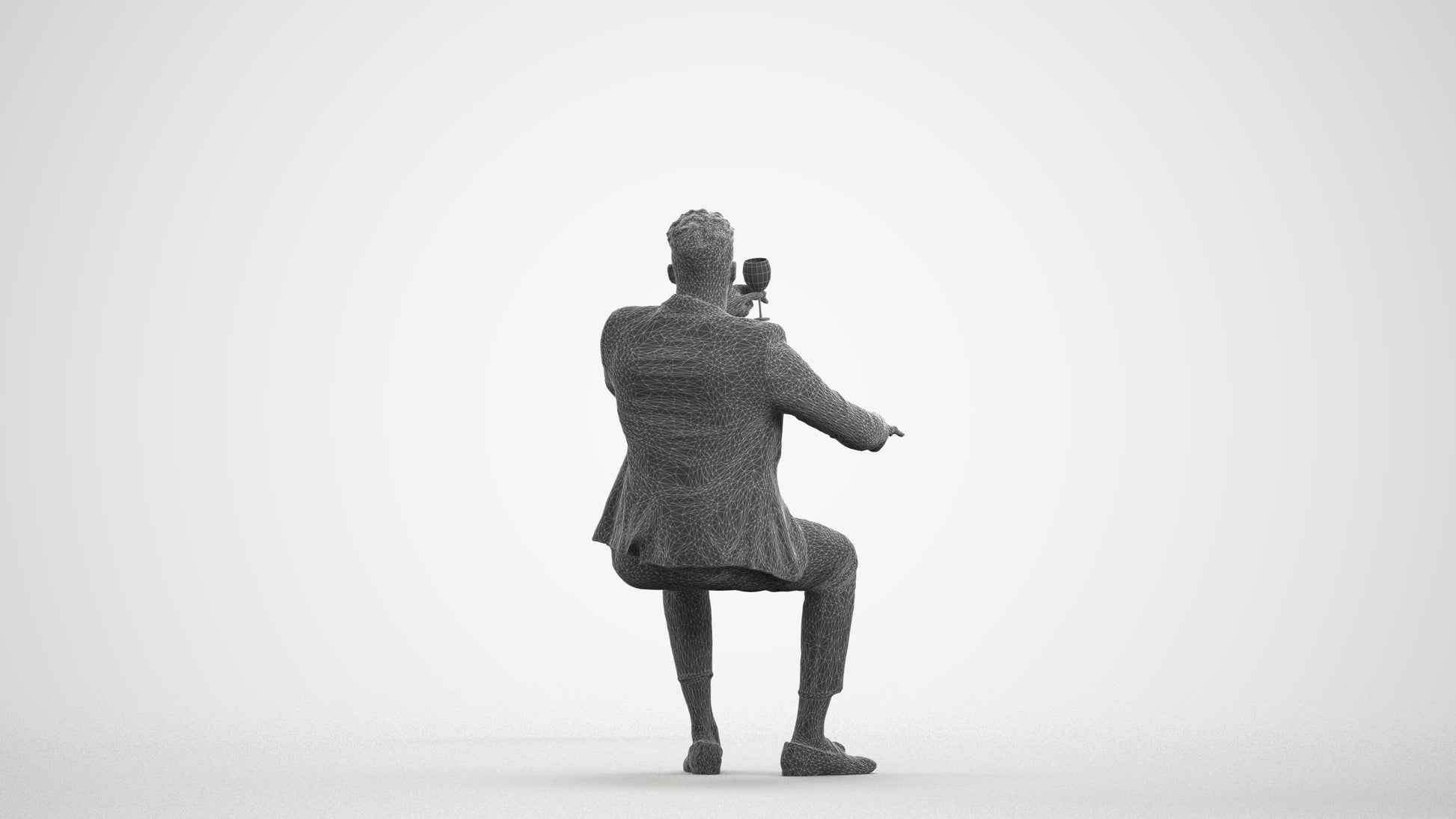 3D scanned man sitting formal, photorealistic archviz people for Enscape and SketchUp, wireframe front view