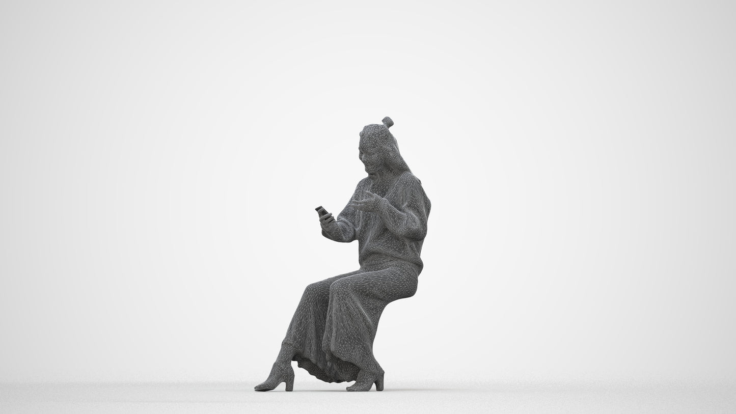 realistic 3D woman casual sitting, scanned archviz people for Blender and 3ds Max, wireframe back view