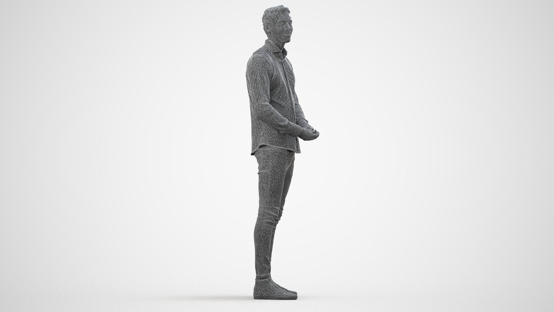 realistic 3D human man casual standing, archviz people FBX OBJ for Blender, wireframe side view