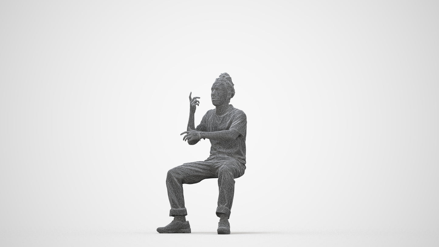 realistic 3D people man casual sitting, render-ready for V-Ray and Corona, FBX OBJ, wireframe back view